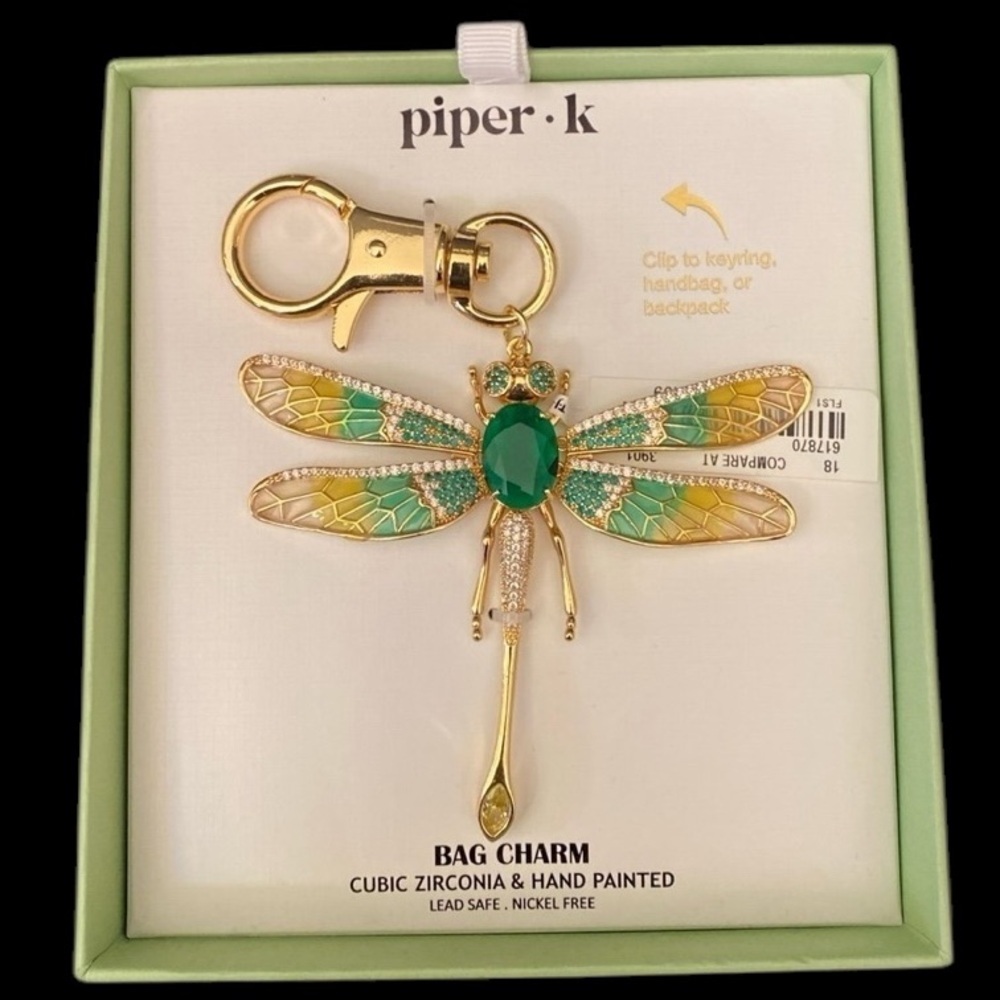 PIPER K Dragonfly Gold Hand-Painted with CZ Articulated Wings Bag Charm NEW NWT - Picture 4 of 15